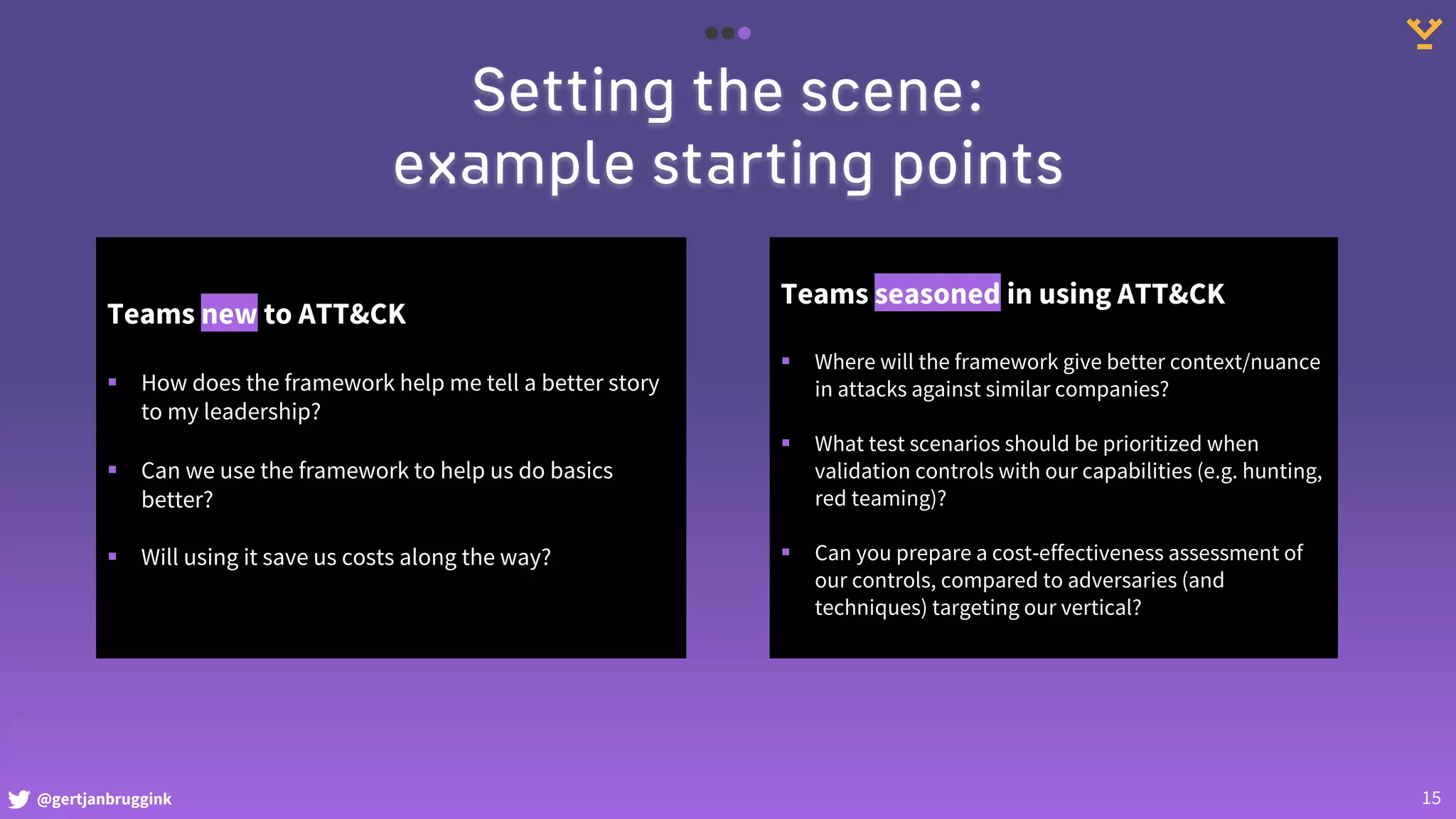 @gertjanbruggink
Setting the scene:
example starting points
Teams new to ATT&CK
§ How does the framework help me tell a better story
to my leadership?
§ Can we use the framework to help us do basics
better?
§ Will using it save us costs along the way?
15
Teams seasoned in using ATT&CK
§ Where will the framework give better context/nuance
in attacks against similar companies?
§ What test scenarios should be prioritized when
validation controls with our capabilities (e.g. hunting,
red teaming)?
§ Can you prepare a cost-effectiveness assessment of
our controls, compared to adversaries (and
techniques) targeting our vertical?
 