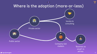 @gertjanbruggink
Where is the adoption (more-or-less)
🏦
Private sector
🤝
Vendor &
consulting
🎱
🏀
Company size
matters
🏫
Public sector
11
👩🏭
‘Business as
usual’ vs
ad-hoc
 