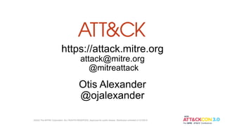©2022 The MITRE Corporation. ALL RIGHTS RESERVED. Approved for public release. Distribution unlimited 21-01255-5
https://attack.mitre.org
attack@mitre.org
@mitreattack
Otis Alexander
@ojalexander
 