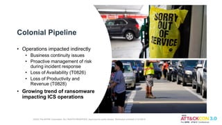 Colonial Pipeline
• Operations impacted indirectly
• Business continuity issues
• Proactive management of risk
during incident response
• Loss of Availability (T0826)
• Loss of Productivity and
Revenue (T0828)
• Growing trend of ransomware
impacting ICS operations
©2022 The MITRE Corporation. ALL RIGHTS RESERVED. Approved for public release. Distribution unlimited 21-01255-5
 