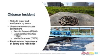 Oldsmar Incident
• Risks to water and
wastewater systems
• Unsecure remote access
connections
• Remote Services (T0886)
• Graphical User Interface
(T0823)
• Modify Parameter (T0836)
• Emphasis on importance
of safety and resilience
©2022 The MITRE Corporation. ALL RIGHTS RESERVED. Approved for public release. Distribution unlimited 21-01255-5
 