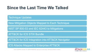 Since the Last Time We Talked
©2022 The MITRE Corporation. ALL RIGHTS RESERVED. Approved for public release. Distribution unlimited 21-01255-5
Technique Updates
New Mitigation Objects Mapped to Each Technique
NIST SP 800-53 and IEC 62443 to Mitigations
ATT&CK for ICS STIX Bundle
ATT&CK for ICS Integration into ATT&CK Navigator
ICS Attacks Mapped to Enterprise ATT&CK
 