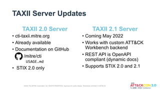 TAXII Server Updates
TAXII 2.0 Server
• cti-taxii.mitre.org
• Already available
• Documentation on GitHub
/mitre/cti
USAGE.md
• STIX 2.0 only
TAXII 2.1 Server
• Coming May 2022
• Works with custom ATT&CK
Workbench backend
• REST API is OpenAPI
compliant (dynamic docs)
• Supports STIX 2.0 and 2.1
©2022 The MITRE Corporation. ALL RIGHTS RESERVED. Approved for public release. Distribution unlimited 21-00706-25
 