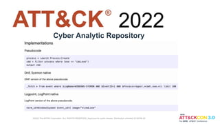 Cyber Analytic Repository
©2022 The MITRE Corporation. ALL RIGHTS RESERVED. Approved for public release. Distribution unlimited 22-00706-26
2022
 