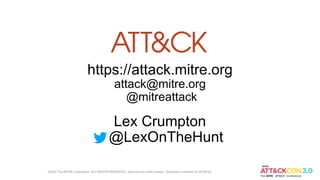 https://attack.mitre.org
attack@mitre.org
@mitreattack
Lex Crumpton
@LexOnTheHunt
©2022 The MITRE Corporation. ALL RIGHTS RESERVED. Approved for public release. Distribution unlimited 22-00706-26
 