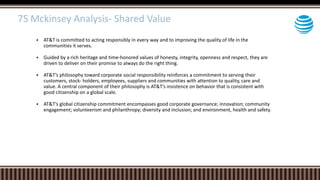  AT&T is committed to acting responsibly in every way and to improving the quality of life in the
communities it serves.
 Guided by a rich heritage and time-honored values of honesty, integrity, openness and respect, they are
driven to deliver on their promise to always do the right thing.
 AT&T’s philosophy toward corporate social responsibility reinforces a commitment to serving their
customers, stock- holders, employees, suppliers and communities with attention to quality, care and
value. A central component of their philosophy is AT&T’s insistence on behavior that is consistent with
good citizenship on a global scale.
 AT&T’s global citizenship commitment encompasses good corporate governance; innovation; community
engagement; volunteerism and philanthropy; diversity and inclusion; and environment, health and safety.
7S Mckinsey Analysis- Shared Value
 