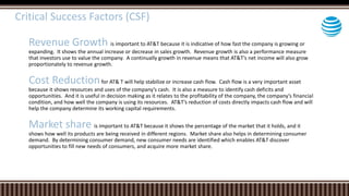 Critical Success Factors (CSF)
Revenue Growth is important to AT&T because it is indicative of how fast the company is growing or
expanding. It shows the annual increase or decrease in sales growth. Revenue growth is also a performance measure
that investors use to value the company. A continually growth in revenue means that AT&T’s net income will also grow
proportionately to revenue growth.
Cost Reductionfor AT& T will help stabilize or increase cash flow. Cash flow is a very important asset
because it shows resources and uses of the company’s cash. It is also a measure to identify cash deficits and
opportunities. And it is useful in decision making as it relates to the profitability of the company, the company’s financial
condition, and how well the company is using its resources. AT&T’s reduction of costs directly impacts cash flow and will
help the company determine its working capital requirements.
Market share is important to AT&T because it shows the percentage of the market that it holds, and it
shows how well its products are being received in different regions. Market share also helps in determining consumer
demand. By determining consumer demand, new consumer needs are identified which enables AT&T discover
opportunities to fill new needs of consumers, and acquire more market share.
 