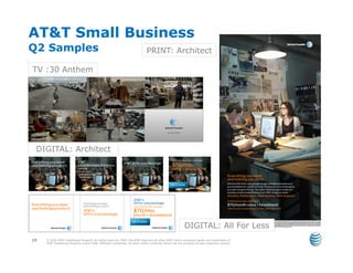 AT&T Small Business
Q2 Samples                                                                     PRINT: Architect

TV :30 Anthem




 DIGITAL: Architect




                                                                                                            DIGITAL: All For Less
10   © 2010 AT&T Intellectual Property. All rights reserved. AT&T, the AT&T logo and all other AT&T marks contained herein are trademarks of
     AT&T Intellectual Property and/or AT&T affiliated companies. All other marks contained herein are the property of their respective owners.
 