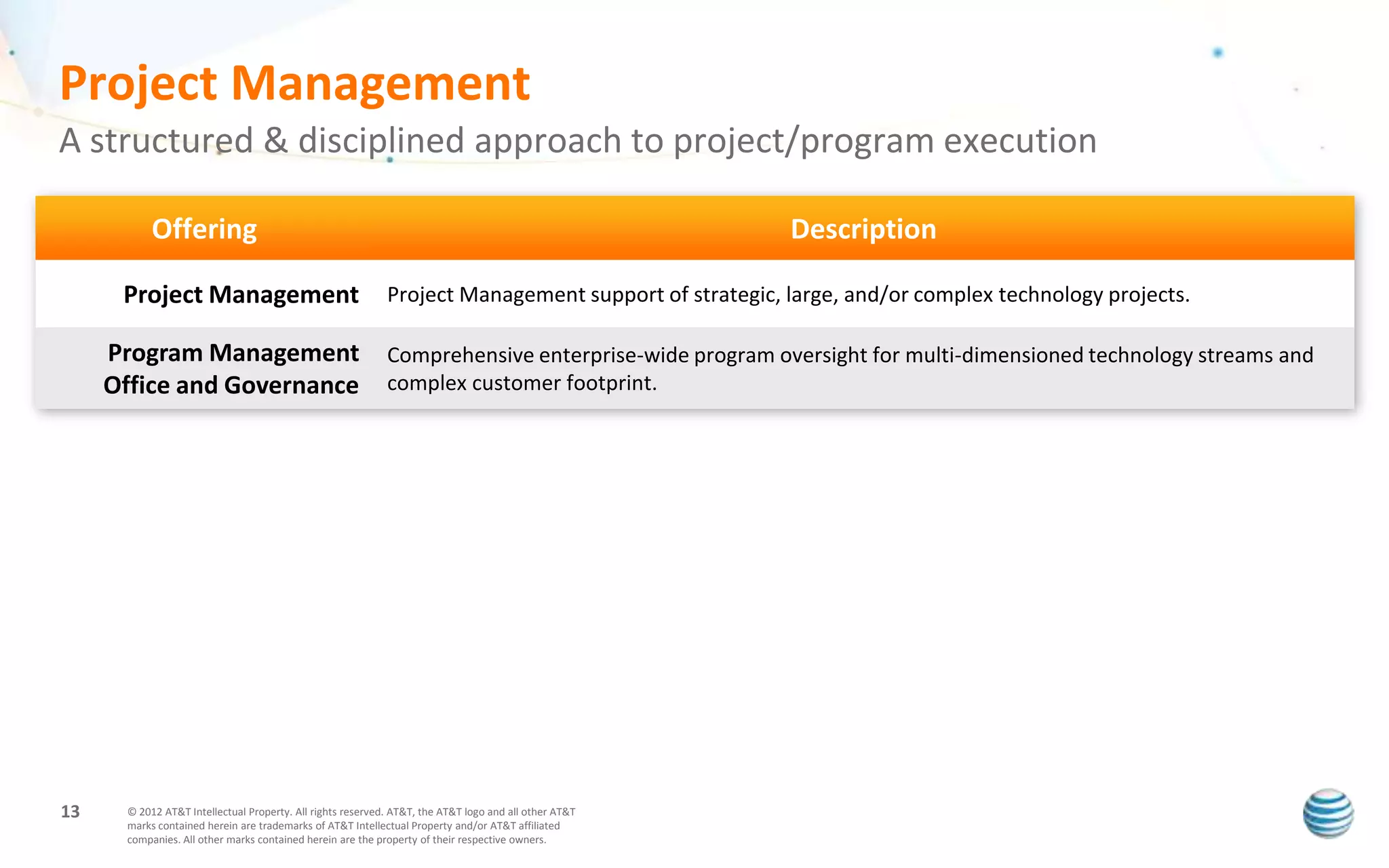 Project Management
A structured & disciplined approach to project/program execution

           Offering                                                                                    Description

      Project Management                                    Project Management support of strategic, large, and/or complex technology projects.

     Program Management                                     Comprehensive enterprise-wide program oversight for multi-dimensioned technology streams and
     Office and Governance                                  complex customer footprint.




13    © 2012 AT&T Intellectual Property. All rights reserved. AT&T, the AT&T logo and all other AT&T
      marks contained herein are trademarks of AT&T Intellectual Property and/or AT&T affiliated
      companies. All other marks contained herein are the property of their respective owners.
 