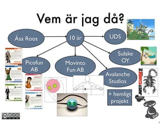 Vem är jag då?
Åsa Roos      10 år     UDS

                           Sulake
   Picofun   Movinto        OY
     AB      Fun AB
                       Avalanche
                        Studios

                        + hemligt
                         projekt


                                    2
 