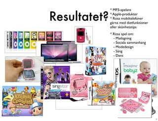 * MP3-spelare

Resultatet?   * Apple-produkter
              * Rosa mobiltelefoner
              gärna med dietfunktioner
              eller skönhetstips
              * Rosa spel om:
                - Matlagning
                - Sociala sammanhang
                - Modedesign
                - Sång
                - Dans




                                         7
 