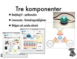 Tre komponenter
•BodyBug® - spelkonsolen
•Community - förändringsmöjligheter
•Widgets och sociala nätverk




                                      9
 