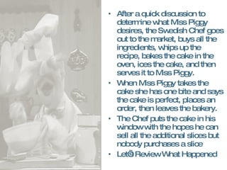 After a quick discussion to determine what Miss Piggy desires, the Swedish Chef goes out to the market, buys all the ingredients, whips up the recipe, bakes the cake in the oven, ices the cake, and then serves it to Miss Piggy. When Miss Piggy takes the cake she has one bite and says the cake is perfect, places an order, then leaves the bakery. The Chef puts the cake in his window with the hopes he can sell all the additional slices but nobody purchases a slice Let’s Review What Happened 