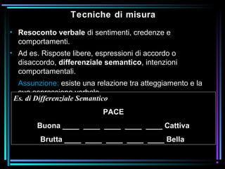 Tecniche di misura
• Resoconto verbale di sentimenti, credenze e
comportamenti.
• Ad es. Risposte libere, espressioni di accordo o
disaccordo, differenziale semantico, intenzioni
comportamentali.
Assunzione: esiste una relazione tra atteggiamento e la
sua espressione verbale.
Es. di Differenziale Semantico
PACE
Buona ____ ____ ____ ____ ____ Cattiva
Brutta ____ ____ ____ ____ ____ Bella
 