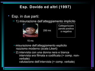 Esp. Dovido ed altri (1997)
• Esp. in due parti:
– 1) misurazione dell’atteggiamento implicito
15 ms
250 ms
Cattegorizzare
parola positiva
o negativa
– misurazione dell’atteggiamento esplicito
razzismo moderno (scala Likert)
– 2) intervista con una donna nera e bianca
intervista era filmata e codificata (= comp. non-
verbale)
valutazione dell’intervista (= comp. verbale)
 