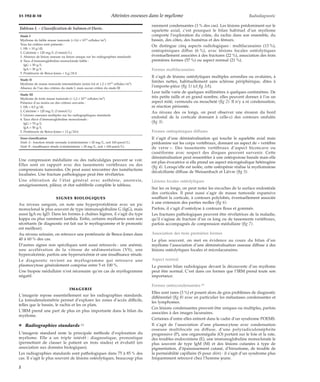 31-192-D-10 Atteintes osseuses dans le myélome Radiodiagnostic 
Une compression médullaire ou des radiculalgies peuvent se voir. 
Elles sont en rapport avec des tassements vertébraux ou des 
compressions tumorales. On peut aussi rencontrer des tuméfactions 
localisées. Une fracture pathologique peut être révélatrice. 
Une altération de l’état général avec asthénie, anorexie, 
amaigrissement, pâleur, et état subfébrile complète le tableau. 
SIGNES BIOLOGIQUES 
Au niveau sanguin, on note une hyperprotidémie avec un pic 
monoclonal le plus souvent de type immunoglobuline G (IgG), mais 
aussi IgA ou IgD. Dans les formes à chaînes légères, il s’agit du type 
kappa ou plus rarement lambda. Enfin, certains myélomes sont non 
sécrétants (le diagnostic est fait sur le myélogramme et le pronostic 
est meilleur). 
Au niveau urinaire, on retrouve une protéinurie de Bence-Jones dans 
40 à 60 % des cas. 
D’autres signes non spécifiques sont aussi retrouvés : une anémie, 
une accélération de la vitesse de sédimentation (VS), une 
hypercalcémie, parfois une hyperuricémie et une insuffisance rénale. 
Le diagnostic revient au myélogramme qui retrouve une 
plasmocytose généralement comprise entre 5 et 100 %. 
Une biopsie médullaire n’est nécessaire qu’en cas de myélogramme 
négatif. 
IMAGERIE 
L’imagerie repose essentiellement sur les radiographies standards. 
La tomodensitométrie permet d’explorer les zones d’accès difficile, 
telles que le bassin, le rachis et les os plats. 
L’IRM prend une part de plus en plus importante dans le bilan du 
myélome. 
¦ Radiographies standards [2] 
L’imagerie standard reste la principale méthode d’exploration du 
myélome. Elle a un triple intérêt : diagnostique, pronostique 
(permettant de classer le patient en trois stades) et évolutif (en 
association aux données biologiques). 
Les radiographies standards sont pathologiques dans 75 à 85 % des 
cas. Il s’agit le plus souvent de lésions ostéolytiques, beaucoup plus 
rarement condensantes (3 % des cas). Les lésions prédominent sur le 
squelette axial, c’est pourquoi le bilan habituel d’un myélome 
comporte l’exploration du crâne, du rachis dans son ensemble, du 
bassin, des côtes, des humérus et des fémurs. 
On distingue cinq aspects radiologiques : multilacunaires (13 %), 
ostéopéniques diffus (6 %), avec lésions focales ostéolytiques 
éventuellement associées à des fractures (22 %), association des trois 
premières formes (57 %) ou aspect normal (21 %). 
Formes multilacunaires 
Il s’agit de lésions ostéolytiques multiples arrondies ou ovalaires, à 
limites nettes, habituellement sans sclérose périphérique, dites à 
l’emporte-pièce (fig 1) (cf fig 3A). 
Leur taille varie de quelques millimètres à quelques centimètres. De 
très petite taille et en grand nombre, elles peuvent donner à l’os un 
aspect mité, vermoulu ou moucheté (fig 2). Il n’y a ni condensation, 
ni réaction périostée. 
Au niveau des os longs, on peut observer une érosion du bord 
endostal de la corticale donnant à celle-ci des contours ondulés 
(fig 3). 
Formes ostéopéniques diffuses 
Il s’agit d’une déminéralisation qui touche le squelette axial mais 
prédomine sur les corps vertébraux, donnant un aspect de « vertèbre 
de verre ». Des tassements vertébraux d’aspect biconcave ou 
cunéiforme avec respect des disques peuvent survenir. Cette 
déminéralisation peut ressembler à une ostéoporose banale mais elle 
est plus évocatrice si elle prend un aspect microgéodique hétérogène 
(fig 4). Lorsqu’elle est isolée, cette ostéopénie réalise la myélomatose 
décalcifiante diffuse de Weissenbach et Lièvre (fig 5). 
Lésions focales ostéolytiques 
Sur les os longs, on peut noter les encoches de la surface endostéale 
des corticales. Il peut aussi s’agir de masse tumorale expansive 
soufflant la corticale, à contours polylobés, éventuellement associée 
à une extension des parties molles (fig 6). 
Parfois, il s’agit d’ostéolyse à contours flous et gommés. 
Les fractures pathologiques peuvent être révélatrices de la maladie, 
qu’il s’agisse de fracture d’un os long ou de tassements vertébraux, 
parfois accompagnés de compression médullaire (fig 7). 
Association des trois premières formes 
Le plus souvent, on met en évidence au cours du bilan d’un 
myélome l’association d’une déminéralisation osseuse diffuse à des 
lésions ostéolytiques focales et microlacunaires. 
Aspect normal 
Le premier bilan radiologique devant la découverte d’un myélome 
peut être normal. C’est dans ces formes que l’IRM prend toute son 
importance. 
Formes ostéocondensantes [8] 
Elles sont rares (3 %) et posent alors de gros problèmes de diagnostic 
différentiel (fig 8) avec en particulier les métastases condensantes et 
les lymphomes. 
Ces lésions condensantes peuvent être uniques ou multiples, parfois 
associées à des images lacunaires. 
Certaines d’entre elles entrent dans le cadre d’un syndrome POEMS. 
Il s’agit de l’association d’une plasmocytose avec condensation 
osseuse multifocale ou diffuse, d’une polyradiculonéphrite 
progressive (P), une organomégalie (O) portant sur le foie et la rate, 
des troubles endocriniens (E), une immunoglobuline monoclonale le 
plus souvent de type IgM (M) et des lésions cutanées à type de 
pigmentation, d’épaississement cutané, d’hirsutisme, de trouble de 
la perméabilité capillaire (S pour skin) : il s’agit d’un syndrome plus 
fréquemment retrouvé chez l’homme jeune. 
Tableau I. – Classification de Salmon et Durie. 
Stade I 
Myélome de faible masse tumorale (< 0,6 ´ 1012 cellules/m2) 
Tous les critères sont présents : 
1. Hb > 10 g/dL 
2. Calcémie < 120 mg/L (3 mmol/L) 
3. Absence de lésion osseuse ou lésion unique sur les radiographies standards 
4. Taux d’immunoglobuline monoclonale faible : 
IgG < 50 g/L 
IgA < 30 g/L 
5. Protéinurie de Bence-Jones < 4 g/24 h 
Stade II 
Myélome de masse tumorale intermédiaire (entre 0,6 et 1,2 ´ 1012 cellules/m2) 
Absence de l’un des critères du stade I, mais aucun critère du stade III 
Stade III 
Myélome de forte masse tumorale (> 1,2 ´ 1012 cellules/m2) 
Présence d’au moins un des critères suivants : 
1. Hb < 8,5 g/dL 
2. Calcémie > 120 mg/L (3 mmol/L) 
3. Lésions osseuses multiples sur les radiographiques standards 
4. Taux élevé d’immunoglobuline monoclonale : 
IgG > 70 g/L 
IgA > 50 g/L 
5. Protéinurie de Bence-Jones > 12 g/24 h 
Sous-classification 
Stade A : fonction rénale normale (créatininémie < 20 mg/L, soit 160 μmol/L) 
Stade B : insuffisance rénale (créatininémie > 20 mg/L, soit > 160 μmol/L) 
2 
 