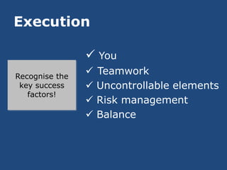 Execution

                 You
Recognise the
                   Teamwork
 key success       Uncontrollable elements
   factors!
                   Risk management
                   Balance
 