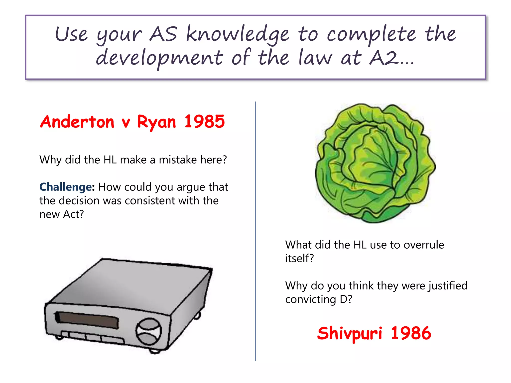 Use your AS knowledge to complete the
development of the law at A2…
Anderton v Ryan 1985
Shivpuri 1986
Why did the HL make a mistake here?
Challenge: How could you argue that
the decision was consistent with the
new Act?
What did the HL use to overrule
itself?
Why do you think they were justified
convicting D?
 