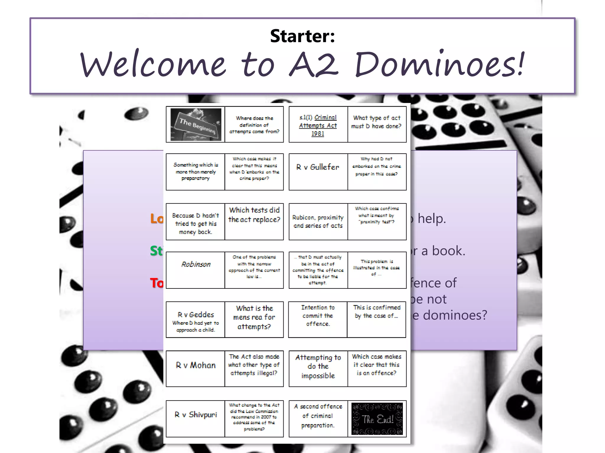Starter:
Welcome to A2 Dominoes!
You know the drill:
Lollipop awesomeness... Your brain, no help.
Sticker satisfactory... No(te) help, or a book.
Too easy? Why is the offence of
attempted rape not
covered by the dominoes?
 