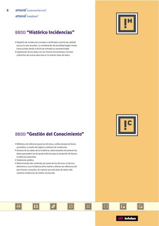 6                CustomerService
                                       ®




                              ®
                 HelpDesk




    BBDD “Histórico Incidencias”

    • Depósito de incidencias cerradas o verificadas (control de calidad)
      que ya no sean actuales. La consideración de actualidad (según meses
      transcurridos desde la fecha de entrada) es parametrizable.
    • Explotación de los datos con las mismas herramientas, formato
      y derechos de acceso descritas en la anterior base de datos.




    BBDD “Gestión del Conocimiento”

    • Biblioteca de referencia para los técnicos, confeccionada de forma
      automática a través del registro cotidiano de incidencias.
    • Extracto de los datos de la incidencia, seleccionando únicamente los
      datos que pueden ser de ayuda al técnico para la resolución de futuras
      incidencias parecidas.
    • Totalmente pública.
    • Determinación del contenido por parte de los técnicos: el técnico
      determina si una incidencia tiene interés a efectos de referencia útil
      para futuras consultas, de manera que esta base de datos sólo
      contiene incidencias de interés reconocido.
 
