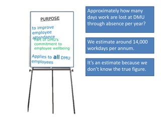 Approximately how many
days work are lost at DMU
through absence per year?
We estimate around 14,000
workdays per annum.
It’s an estimate because we
don’t know the true figure.
Part of DMU’s
commitment to
employee wellbeing
 