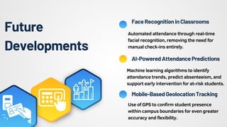 Future
Developments
Machine learning algorithms to identify
attendance trends, predict absenteeism, and
support early intervention for at-risk students.
Use of GPS to confirm student presence
within campus boundaries for even greater
accuracy and flexibility.
FaceRecognitioninClassrooms
AI-PoweredAttendancePredictions
Mobile-BasedGeolocationTracking
Automated attendance through real-time
facial recognition, removing the need for
manual check-ins entirely.
 