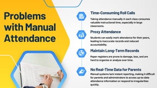 Problems
withManual
Attendance
Taking attendance manually in each class consumes
valuable instructional time, especially in large
classrooms.
Time-ConsumingRollCalls
Students can easily mark attendance for their peers,
leading to inaccurate records and reduced
accountability.
ProxyAttendance
Paper registers are prone to damage, loss, and are
hard to organize or analyze over time.
MaintainLong-TermRecords
Manual systems lack instant reporting, making it difficult
for parents and administrators to access up-to-date
attendance information or respond to irregularities
quickly.
NoReal-TimeDataforParents
 