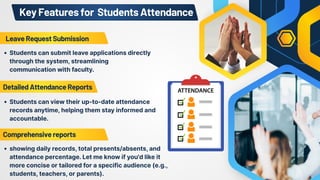 DetailedAttendanceReports
LeaveRequestSubmission
Students can submit leave applications directly
through the system, streamlining
communication with faculty.
Students can view their up-to-date attendance
records anytime, helping them stay informed and
accountable.
Comprehensivereports
showing daily records, total presents/absents, and
attendance percentage. Let me know if you'd like it
more concise or tailored for a specific audience (e.g.,
students, teachers, or parents).
KeyFeaturesfor StudentsAttendance
 