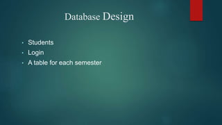 Database Design
• Students
• Login
• A table for each semester
 