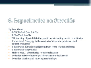 Up Your Game 
• OCLC Linked Data & APIs 
• DPLA Vault & APIs 
• 3D, learning object, LibGuides, audio, or streaming media repositories 
• Understand Pedagogy in the context of student experiences and 
educational goals 
• Understand human development from teens to adult learning 
• Understand the projects 
• Makerspace… laboratories – onsite relevance 
• Consider partnerships to put librarians into real liaison 
• Consider coaches and tutoring partnerships 
 