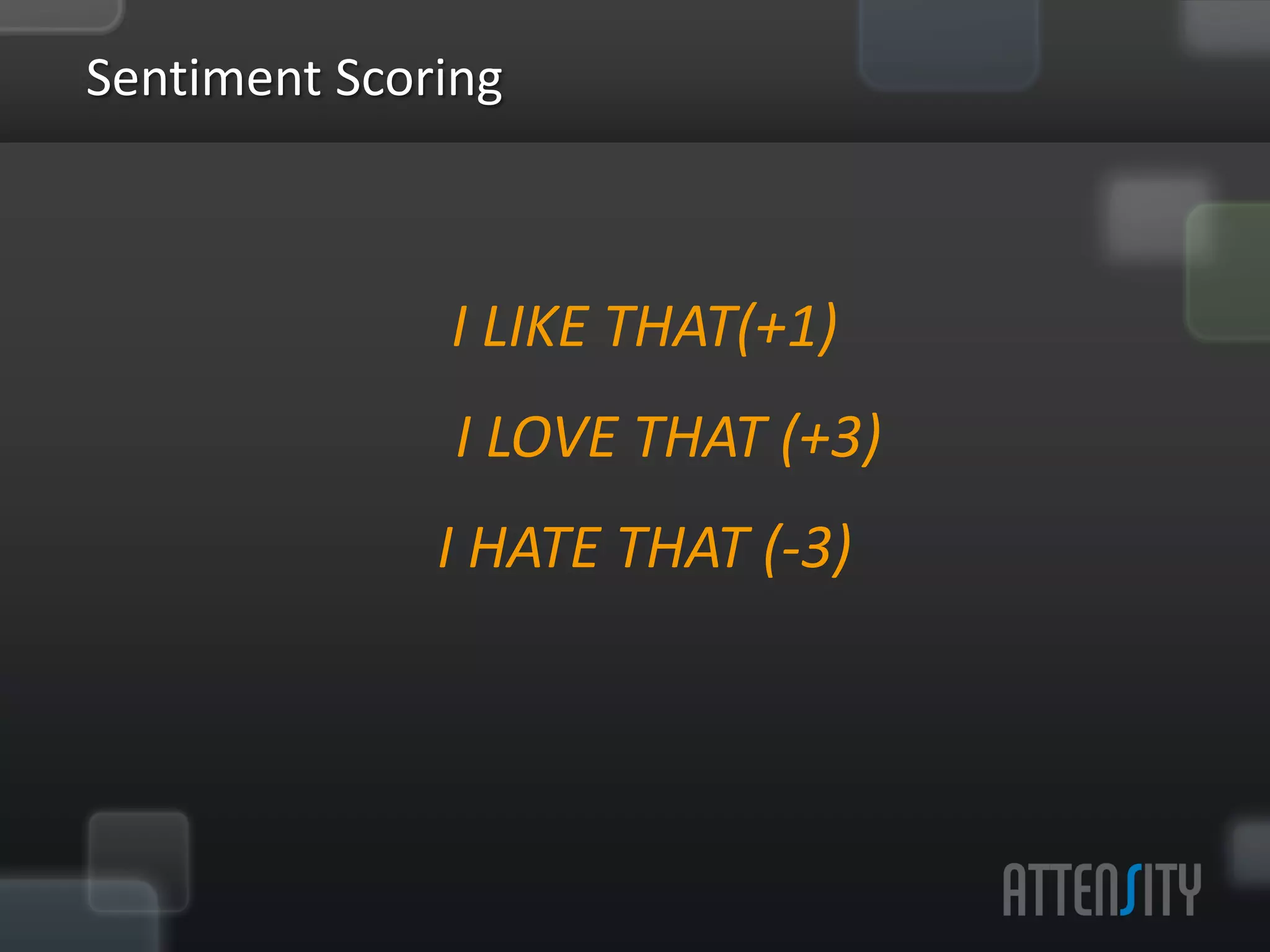 Sen:ment	
  Scoring	
  

                                 	
  

                   I	
  LIKE	
  THAT(+1)	
  

                 	
  I	
  LOVE	
  THAT	
  (+3)	
  

                  I	
  HATE	
  THAT	
  (-­‐3)	
  

                                 	
  
 