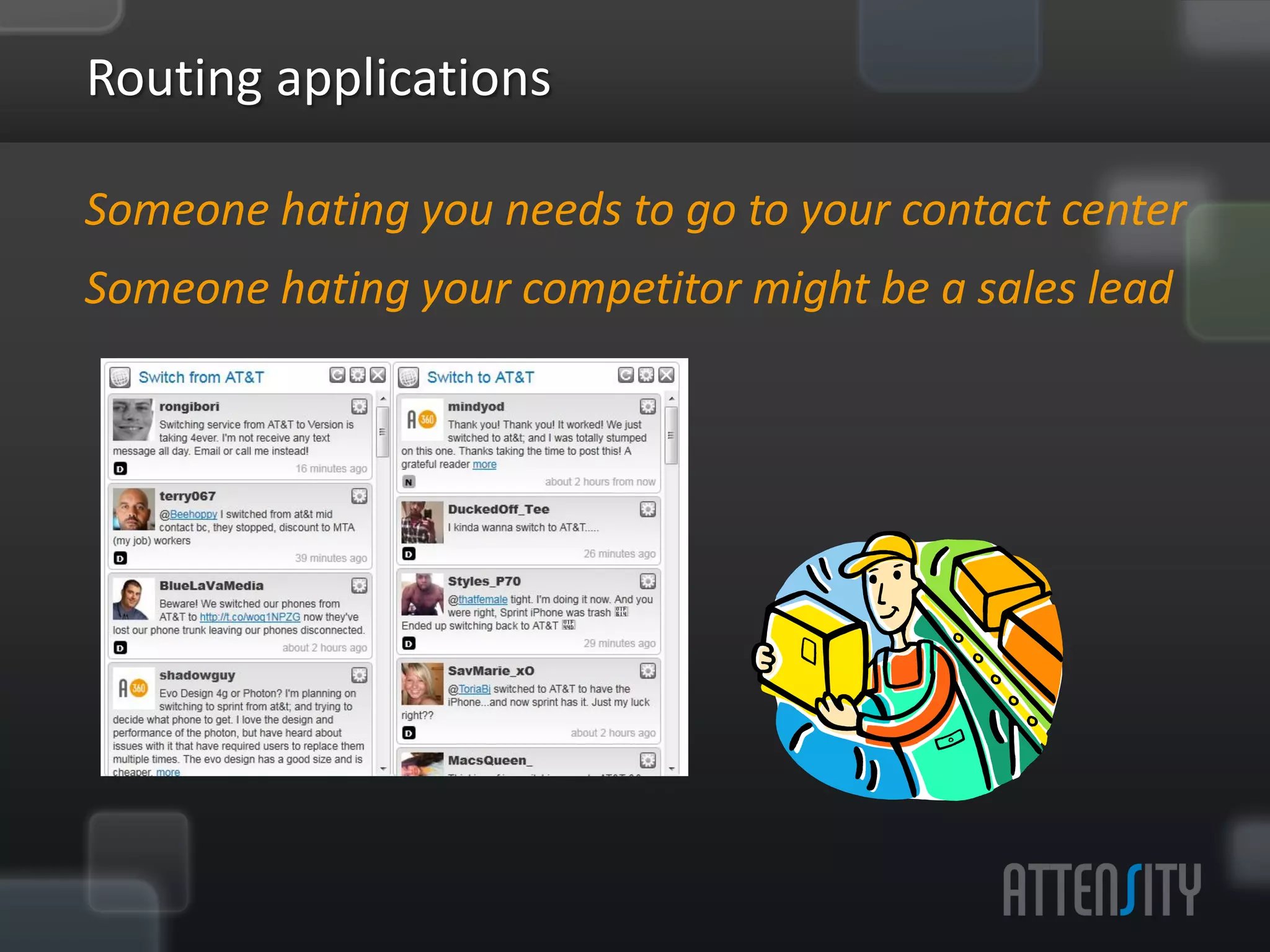 Rou:ng	
  applica:ons	
  

Someone	
  ha>ng	
  you	
  needs	
  to	
  go	
  to	
  your	
  contact	
  center	
  
Someone	
  ha>ng	
  your	
  compe>tor	
  might	
  be	
  a	
  sales	
  lead	
  
 