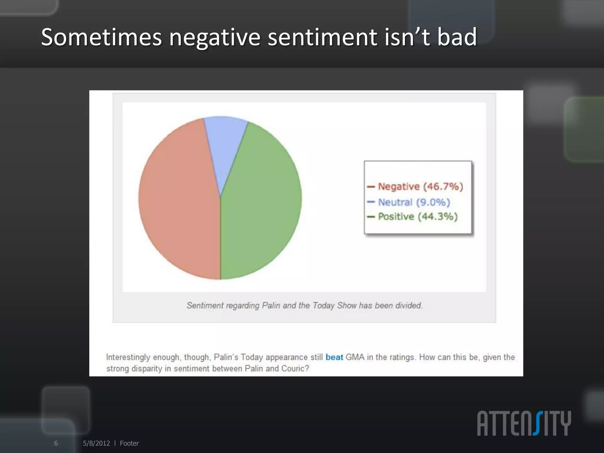 Some:mes	
  nega:ve	
  sen:ment	
  isn’t	
  bad	
  




 7   5/9/12 l Footer
 