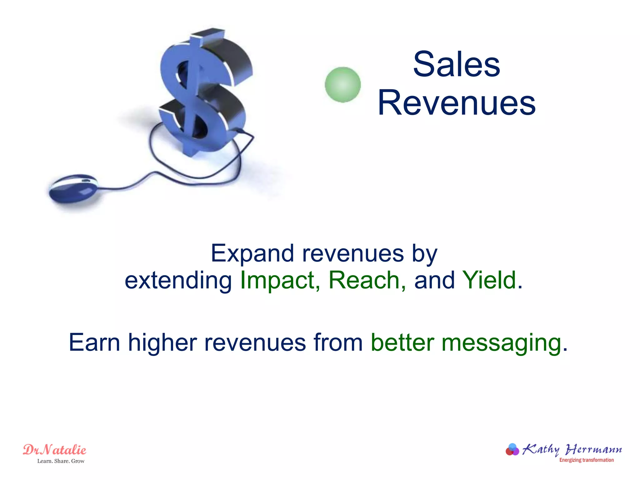 Sales
Revenues
Earn higher revenues from better messaging.
Expand revenues by
extending Impact, Reach, and Yield.
 