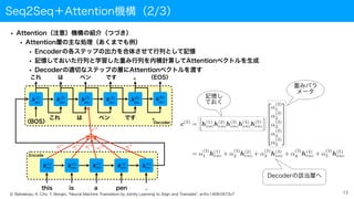 Seq2Seq＋Attention機構（2/3）
13
D. Bahdanau, K. Cho, Y. Bengio, "Neural Machine Translation by Jointly Learning to Align and Translate", arXiv:1409.0473v7
• Attention（注意）機構の紹介（つづき）
• Attention層の主な処理（あくまでも例）
• Encoderの各ステップの出力を合体させて行列として記憶
• 記憶しておいた行列と学習した重み行列を内積計算してAttentionベクトルを生成
• Decoderの適切なステップの層にAttentionベクトルを渡す
＋
Decoder
Encode
this is a pen .
これ は ペン です 。 〈EOS〉
これ は ペン です 。
〈BOS〉
α(3)
1
α(3)
2
α(3)
3 α(3)
4
α(3)
5
h(1)
enc h(2)
enc h(3)
enc h(4)
enc h(5)
enc
記憶し
ておく
重みパラ
メータ
Decoderの該当層へ
h(1)
dec
h(2)
dec
h(3)
dec
h(4)
dec
h(5)
dec
h(6)
dec
c(3)
 