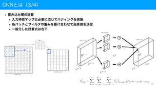 CNNとは（3/4）
• 畳み込み層の計算
• 入力特徴マップは必要に応じてパディングを実施
• 各パッチとフィルタの重みを掛け合わせて画素値を決定
• 一般化した計算式は右下
17
 