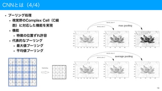 CNNとは（4/4）
• プーリング処理
• 視覚野のComplex Cell（C細
胞）に対応した機能を実現
• 機能
• 特徴の位置ずれ許容
• 代表的なプーリング
• 最大値プーリング
• 平均値プーリング
18
 
