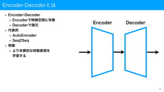 Encoder-Decoderとは
Encoder Decoder
• Encoder-Decoder
• Encoderで特徴空間に写像
• Decoderで復元
• 代表例
• AutoEncoder
• Seq2Seq
• 特徴
• より本質的な特徴表現を
 
学習する
9
 