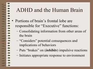 ADHD and the Human Brain
• Portions of brain’s frontal lobe are
responsible for “Executive” functions:
– Consolidating information from other areas of
the brain
– “Considers” potential consequences and
implications of behaviors
– Puts “brakes” on (inhibits) impulsive reactions
– Initiates appropriate response to environment
 