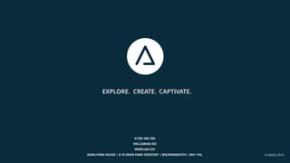 EXPLORE. CAPTIVATE.CREATE.
© Adido 2016
01202 586 300
HELLO@ADI.DO
WWW.ADI.DO
DEAN PARK HOUSE | 8-10 DEAN PARK CRESCENT | BOURNEMOUTH | BH1 1HL
 
