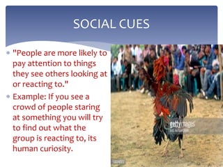  "People are more likely to
pay attention to things
they see others looking at
or reacting to."
 Example: If you see a
crowd of people staring
at something you will try
to find out what the
group is reacting to, its
human curiosity.
SOCIAL CUES
 