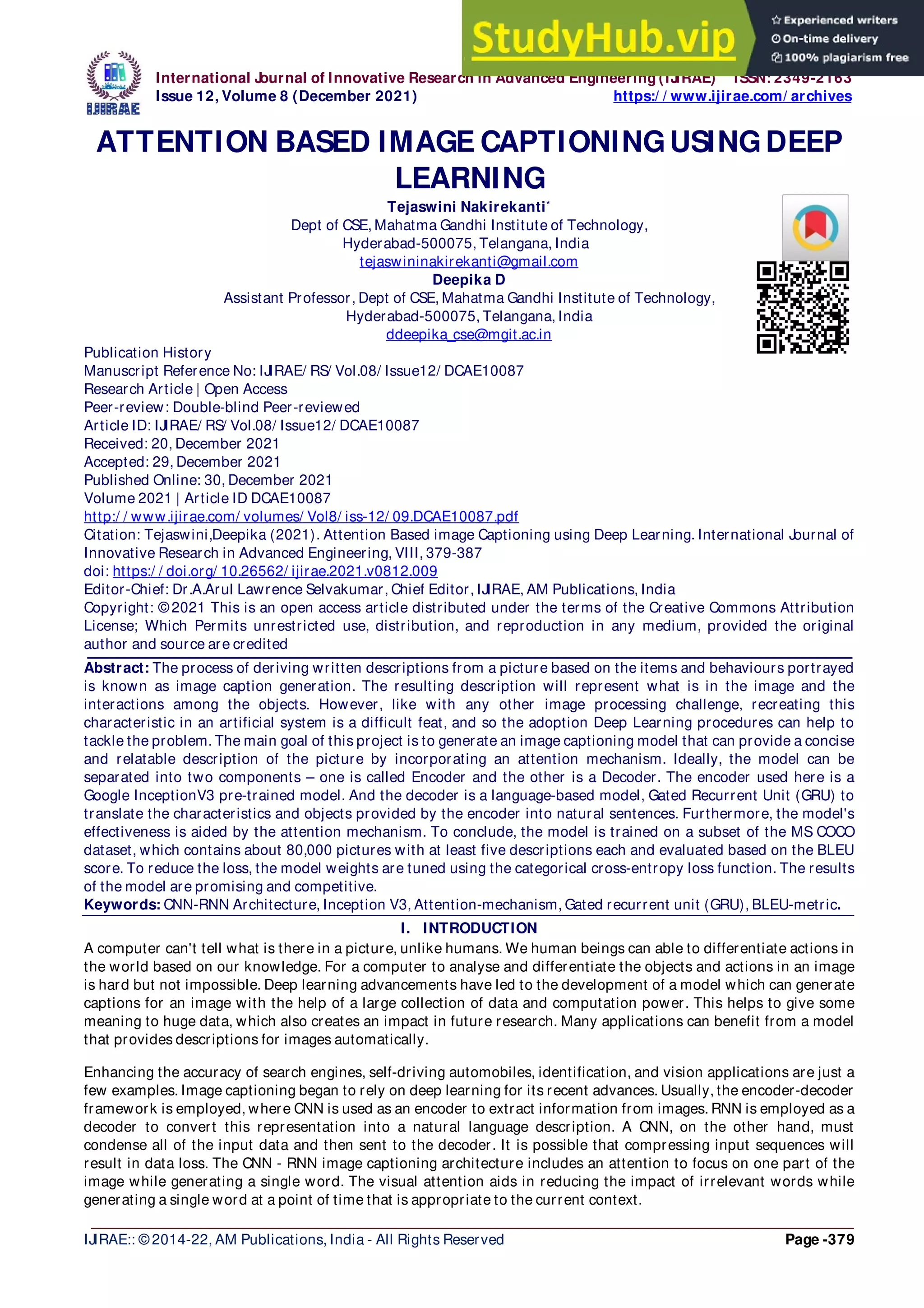 ATTENTION BASED IMAGE CAPTIONING USING DEEP LEARNING | PDF