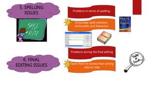 5. SPELLING
ISSUES
Problems in terms of spelling
Encourage spell checkers,
dictionaries and thesaurus
6. FINAL
EDITING ISSUES
Problems during the final editing
Teach them to review their writing
step by step