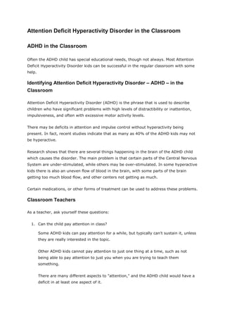 Attention deficit hyperactivity disorder in the classroom | DOCX