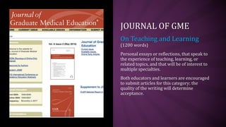 JOURNAL OF GME
On Teaching and Learning
(1200 words)
Personal essays or reflections, that speak to
the experience of teaching, learning, or
related topics, and that will be of interest to
multiple specialties.
Both educators and learners are encouraged
to submit articles for this category; the
quality of the writing will determine
acceptance.
 