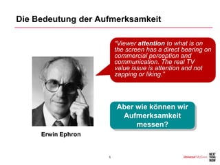 Die Bedeutung der Aufmerksamkeit

                        “Viewer attention to what is on
                        the screen has a direct bearing on
                        commercial perception and
                        communication. The real TV
                        value issue is attention and not
                        zapping or liking.”




                        Aber wie können wir
                         Aufmerksamkeit
                             messen?
     Erwin Ephron


                    5
 