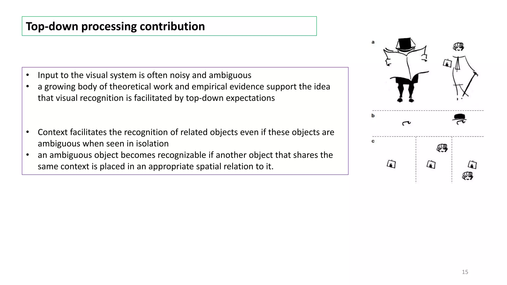 • Input to the visual system is often noisy and ambiguous
• a growing body of theoretical work and empirical evidence support the idea
that visual recognition is facilitated by top-down expectations
• Context facilitates the recognition of related objects even if these objects are
ambiguous when seen in isolation
• an ambiguous object becomes recognizable if another object that shares the
same context is placed in an appropriate spatial relation to it.
15
Top-down processing contribution
 