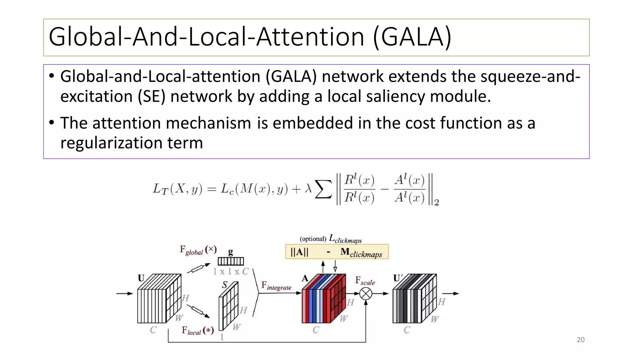 Global-And-Local-Attention (GALA)
• Global-and-Local-attention (GALA) network extends the squeeze-and-
excitation (SE) network by adding a local saliency module.
• The attention mechanism is embedded in the cost function as a
regularization term
20
 