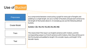 Preprocess
Create Model
Train
Test
I go.
Je vais.
Original English
Original French
As a compromise between constructing a graph for every pair of lengths and
padding to a single length, we use a number of buckets and pad each sentence to
the length of the bucket above it. In translate.py we use the following default
buckets.
buckets = [(5, 10), (10, 15), (20, 25), (40, 50)]
This means that if the input is an English sentence with 3 tokens, and the
corresponding output is a French sentence with 6 tokens, then they will be put in
the first bucket and padded to length 5 for encoder inputs, and length 10 for
decoder inputs.
Use of Bucket
 