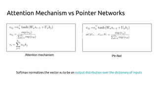 Attention Mechanism vs Pointer Networks
Softmax normalizes the vector eij to be an output distribution over the dictionary of inputs
Attention mechanism Ptr-Net
 
